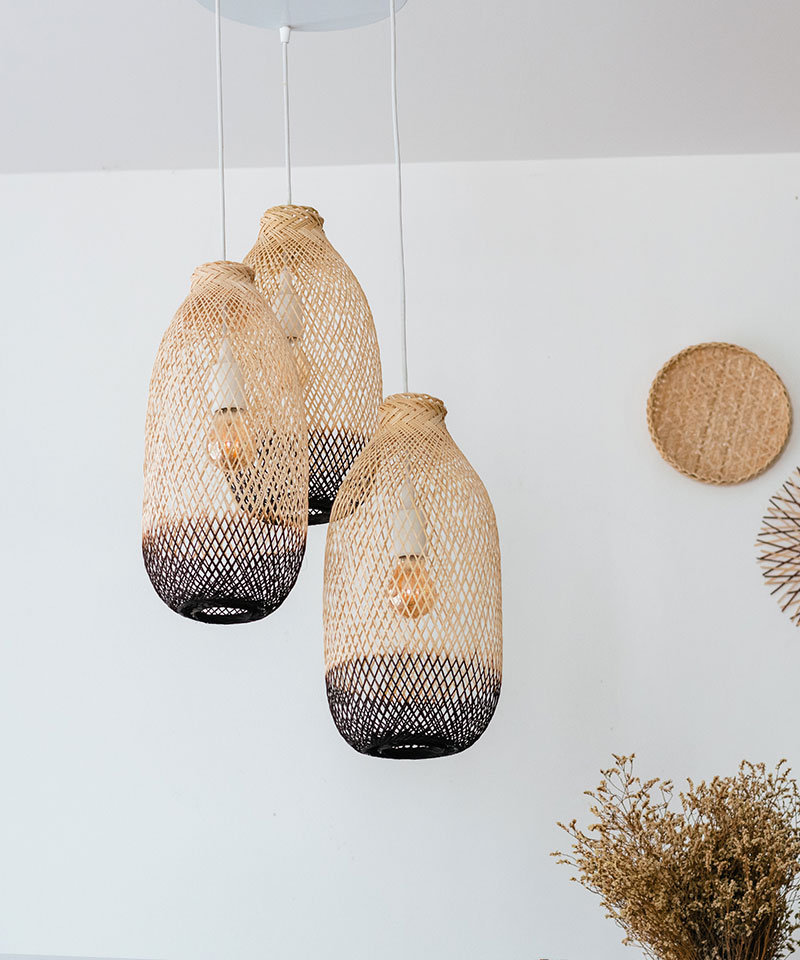 Brown Two Tone Bamboo Pendant Light Set - Triple Cluster Canopy