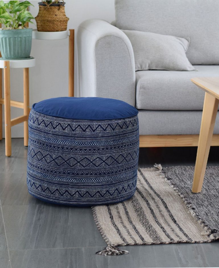 Indigo Batik Ottoman Pouf w/ Hmong Hill Tribe Textiles