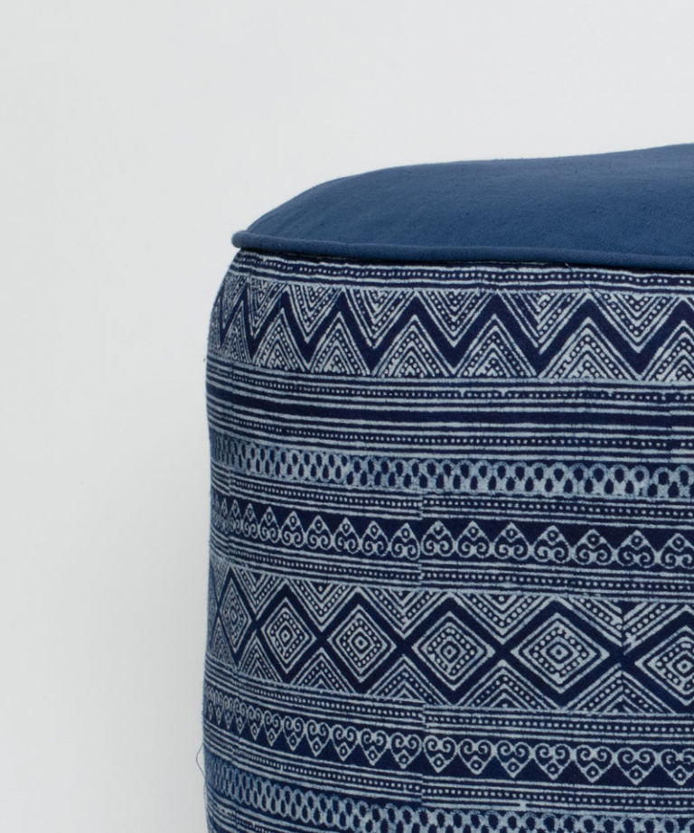 Indigo Batik Ottoman Pouf w/ Hmong Hill Tribe Textiles