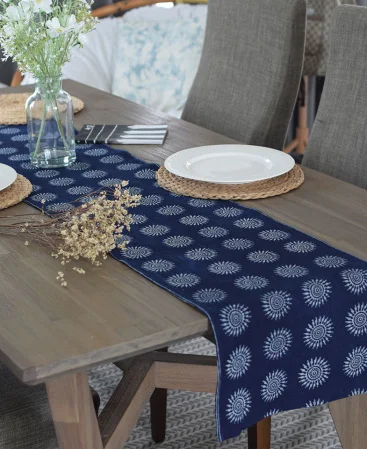 Long Blue Table Runner With Sun Motifs