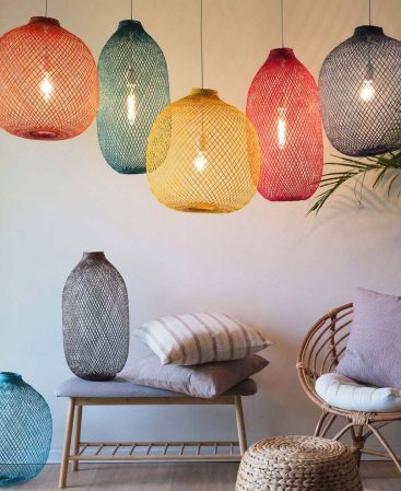 Multi-color rainbow pendant lights in bright, colorful shades.