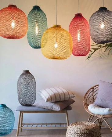 Multi-color rainbow pendant lights in bright, colorful shades.