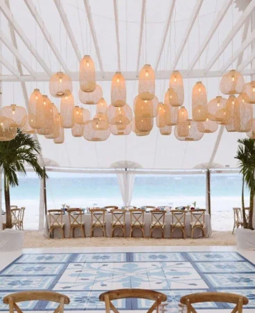 Natural Pendants & Bamboo Decor Used For Wedding Tent Lighting