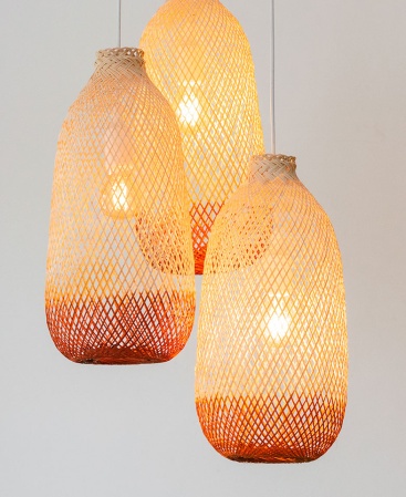 Orange Two Tone Bamboo Pendant Light Set - Triple Cluster Canopy