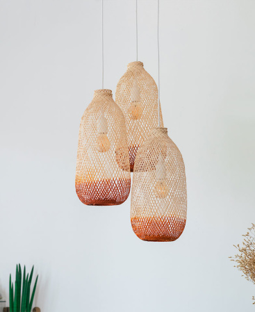 Orange Two Tone Bamboo Pendant Light Set - Triple Cluster Canopy