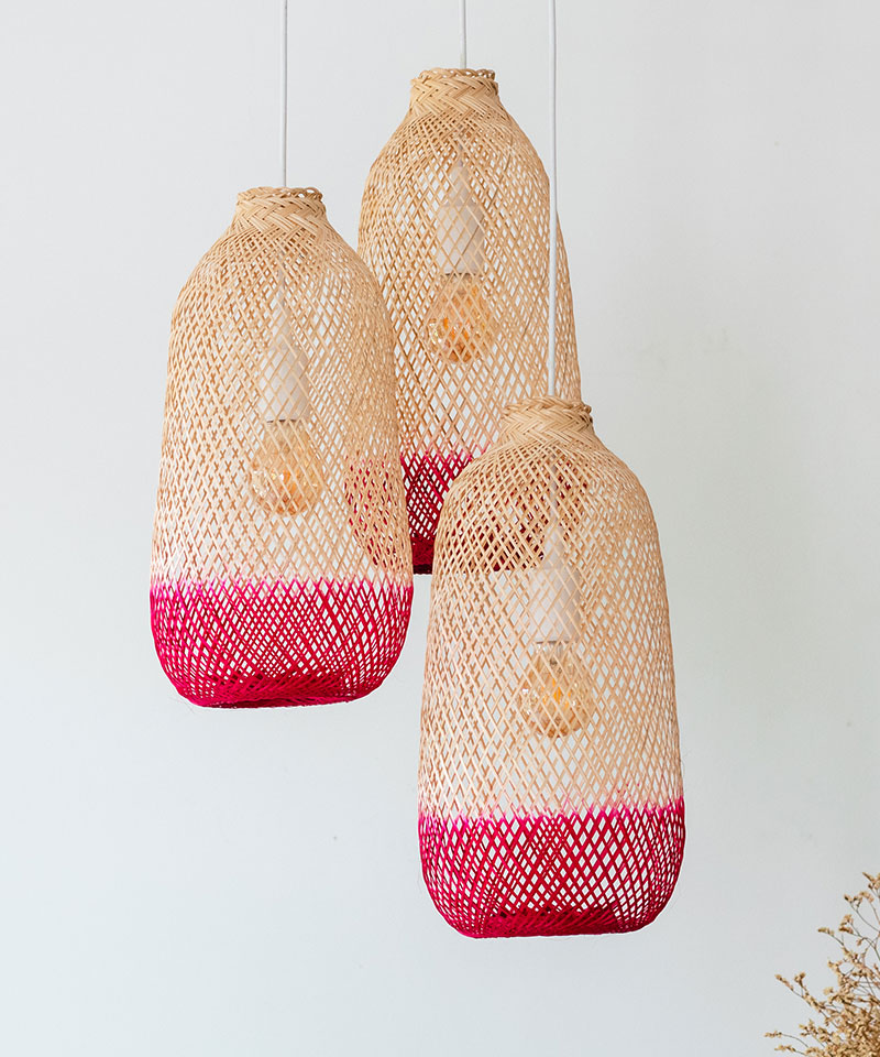 Pink Two Tone Bamboo Pendant Light Set - Triple Cluster Canopy