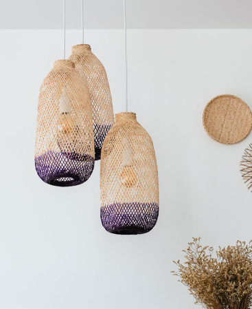 Purple Two Tone Bamboo Pendant Light Set - Triple Cluster Canopy