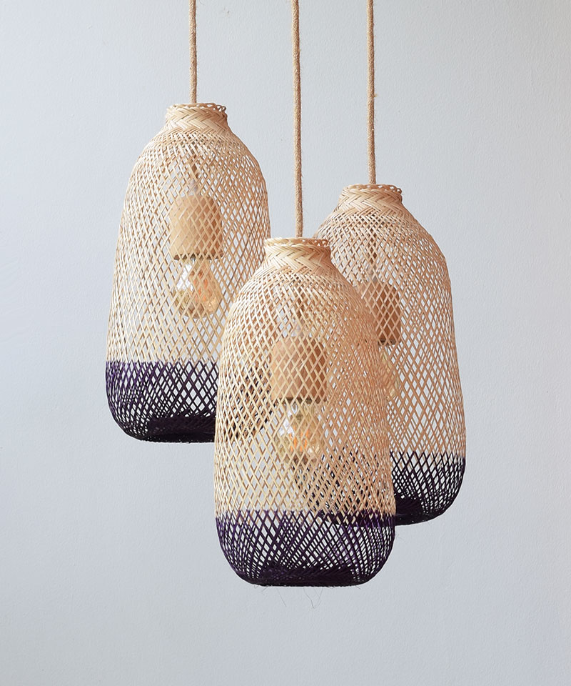 Purple Two Tone Bamboo Pendant Light Set - Triple Cluster Canopy