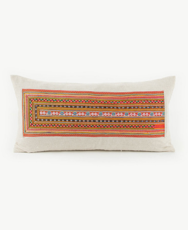 Rare Hmong Hill Tribe Dress Patch & Hemp Lumbar Throw Cushion