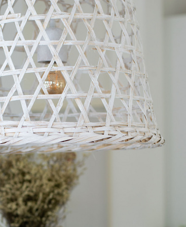 Repurposed Asian Cabbage Basket White Bamboo Light - Plug In / Swag