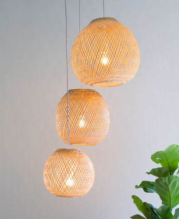 Round Bamboo Pendant Cluster Lights - Triple Cluster Canopy