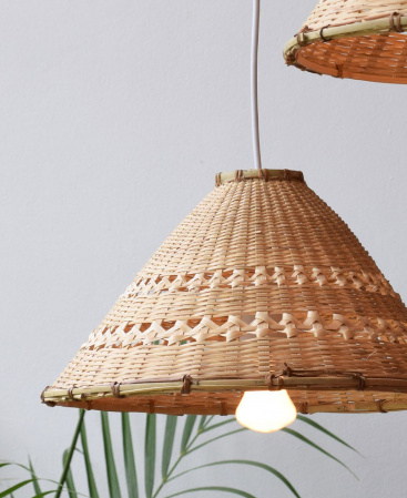 Rustic Cone Shaped Bamboo Pendant Shade - Plug In / Swag