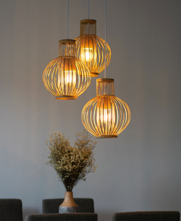 Rustic Rattan Pendant Lights - Triple Cluster Canopy