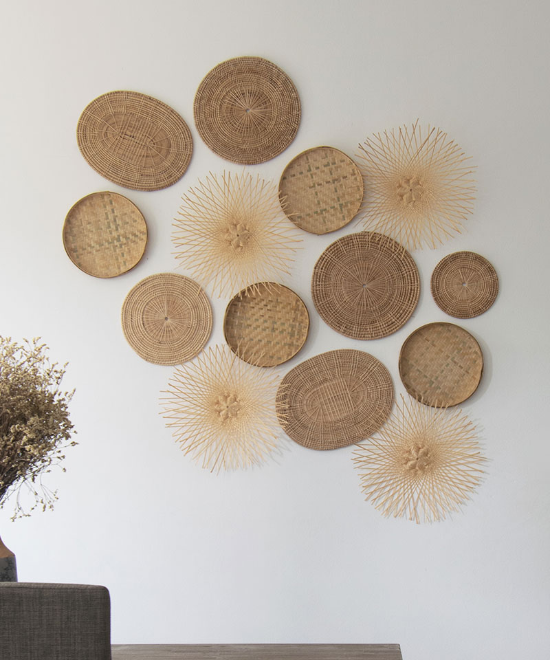 Set of 14 Bamboo, Wicker & Rattan Woven Wall Art
