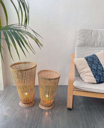 Set of 2 - Tall Cone Woven Bamboo Floor Lamp
