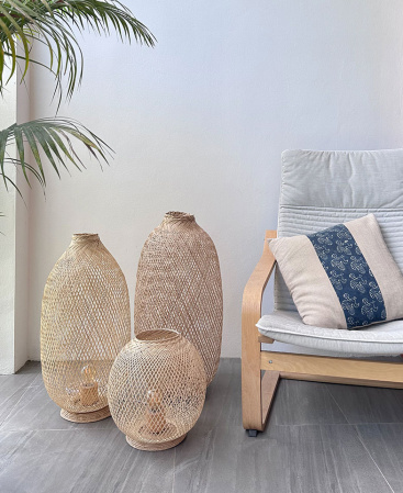 Set of 3 - Free Standing Woven Bamboo Floor Lamps