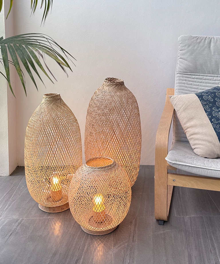 Set of 3 Standing Woven Bamboo Rattan Floor Lamps