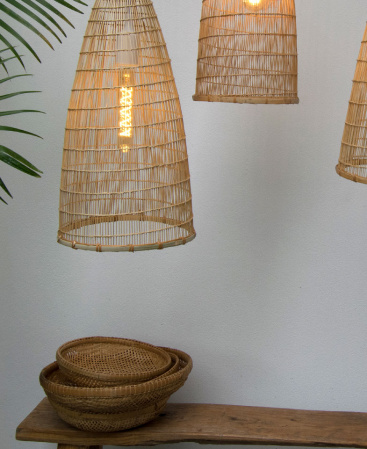 Set of 3 Tall Thin Bamboo Pendant Lights - Plug In / Swag