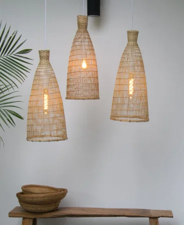 Set of 3 Hanging Bamboo Pendant Lights That Plug In