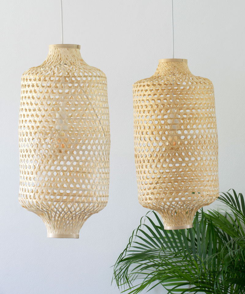 Tall Chinese Lantern Style Shape Woven Bamboo Pendant