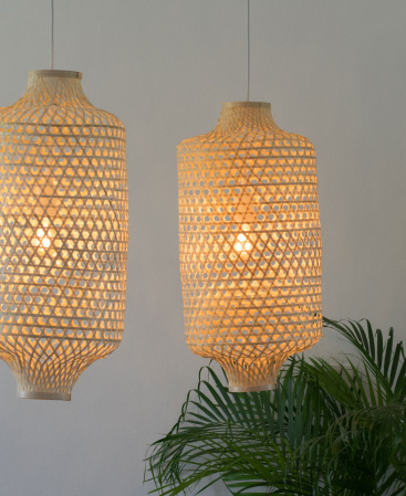 Tall Chinese Lantern Style Shape Woven Bamboo Pendant – Plug In / Swag