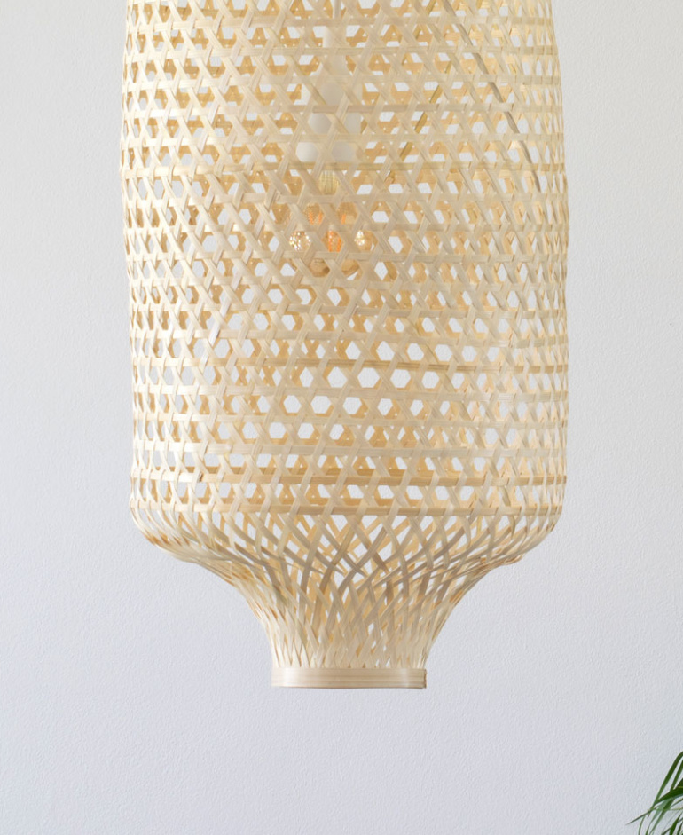 Tall Chinese Lantern Style Shape Woven Bamboo Pendant