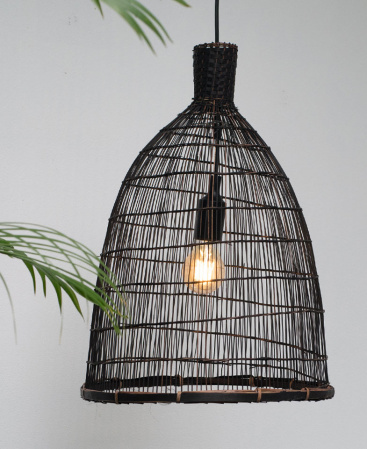 Large Black Plug-In Pendant Light Crafted From Bamboo