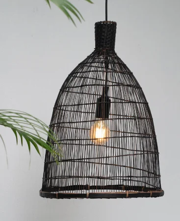 Large Black Plug-In Pendant Light Crafted From Bamboo