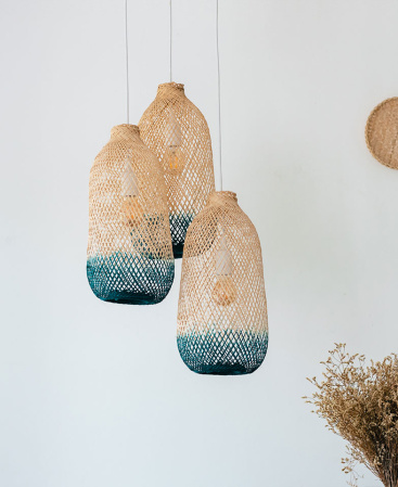 Bamboo Dyed Teal Pendant Light Cluster Chandelier Set
