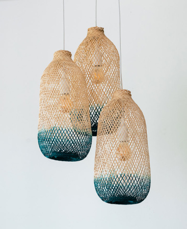 Turquoise Two Tone Bamboo Pendant Light Set - Triple Cluster Canopy