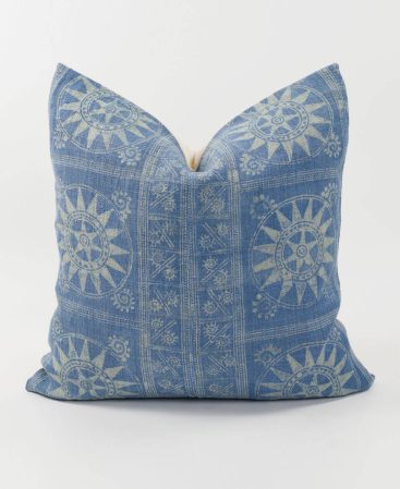Vintage indigo batik and white sun motif pillow cover.