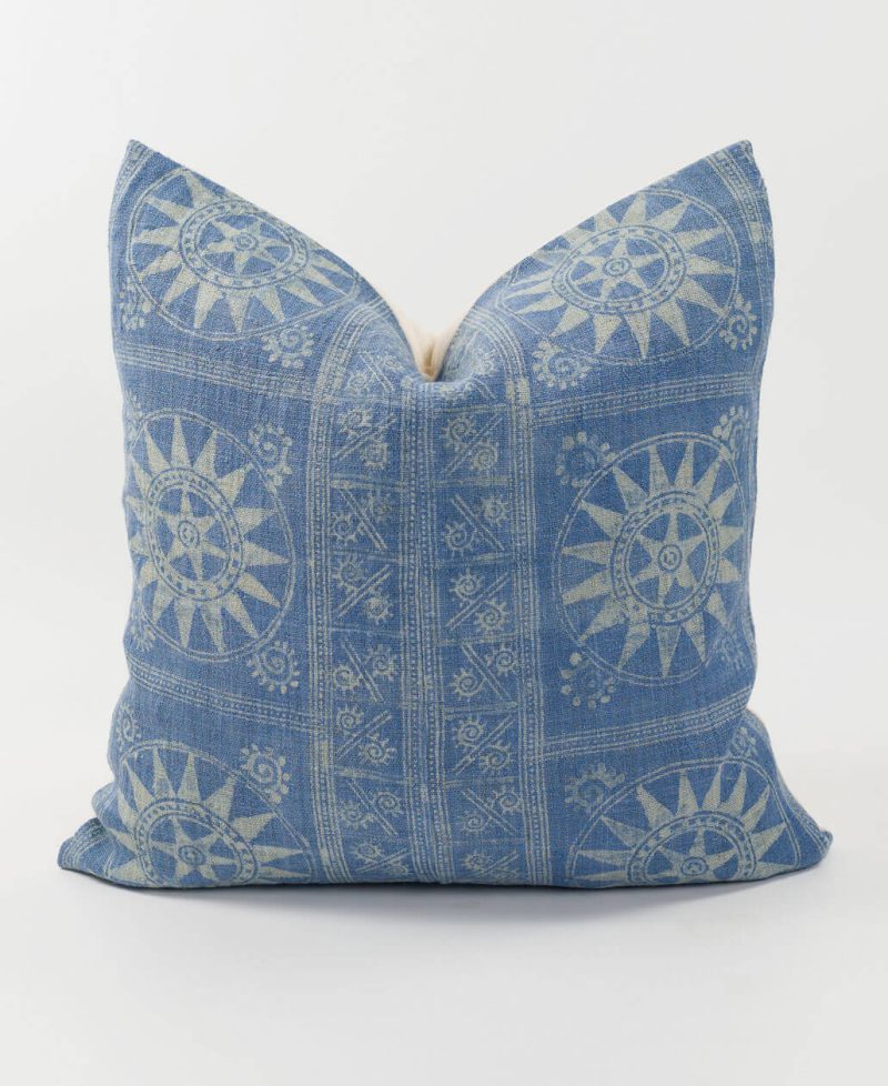 Vintage indigo batik and white sun motif pillow cover.