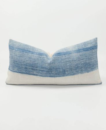 Vintage indigo hemp lumbar cushion with white stripe.