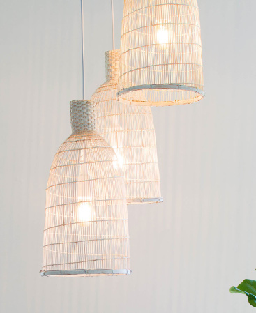 White Pendant Lights Cluster - Rustic Bamboo Shades