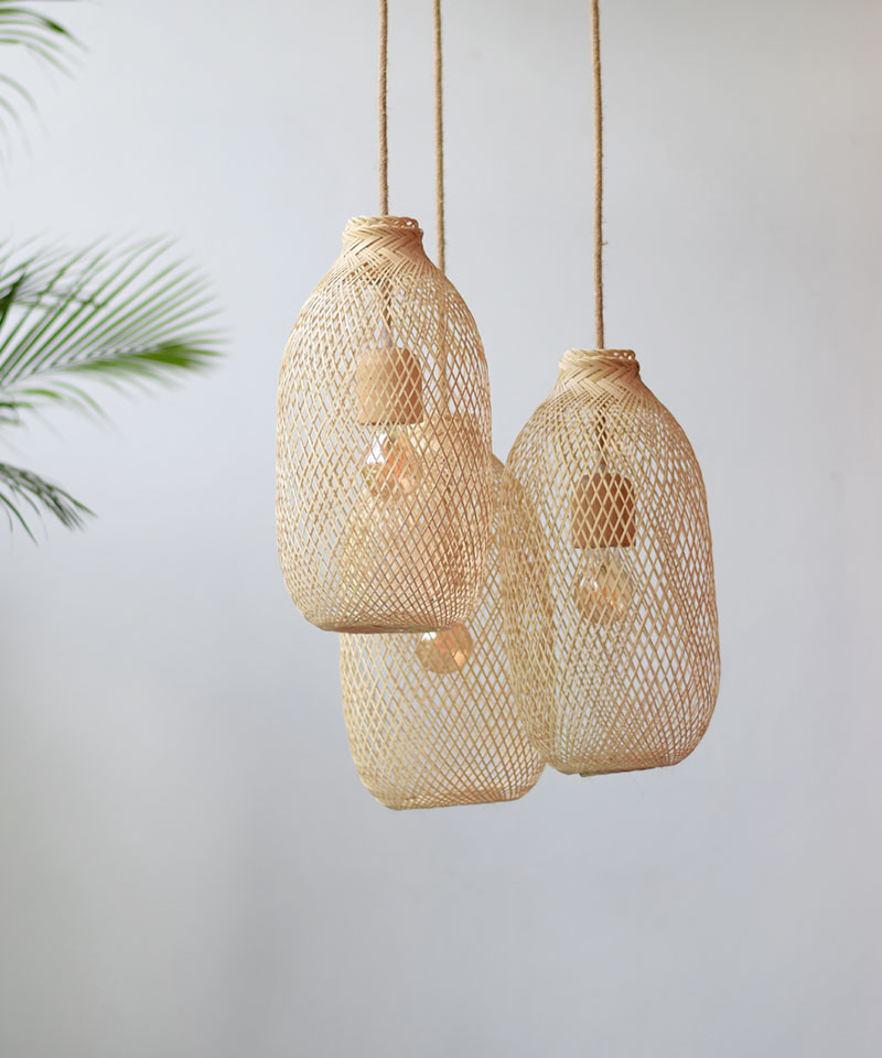Wood & Rope Bamboo Pendant Light Set - Triple Cluster Canopy