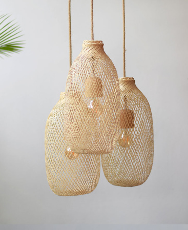 Wood & Rope Bamboo Pendant Light Set - Triple Cluster Canopy