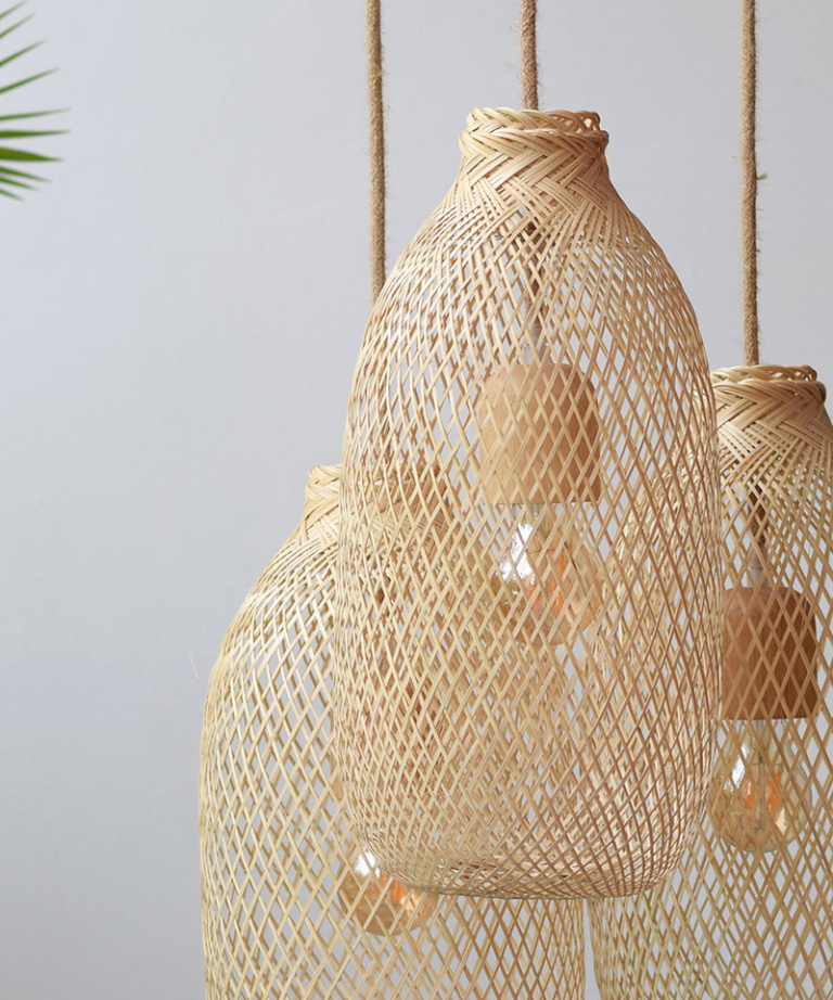 Wood & Rope Bamboo Pendant Light Set - Triple Cluster Canopy