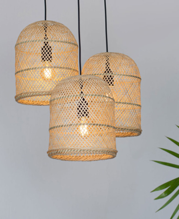 Woven Bamboo Pendant Lights With Triple Cluster Canopy