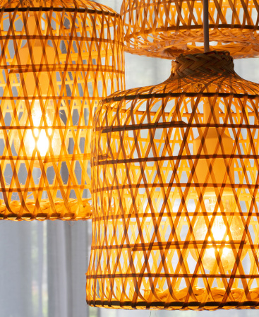 Woven Basket Bamboo Pendant Lights - Triple Cluster Canopy