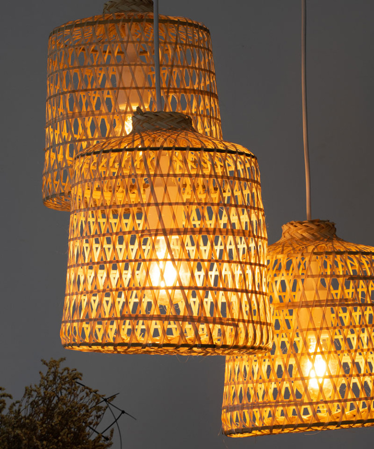 Woven Basket Bamboo Pendant Lights Triple Cluster Canopy