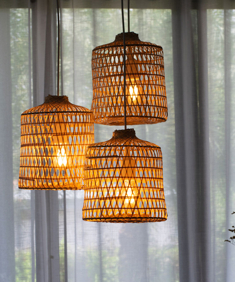 Woven Basket Bamboo Pendant Lights Triple Cluster Canopy
