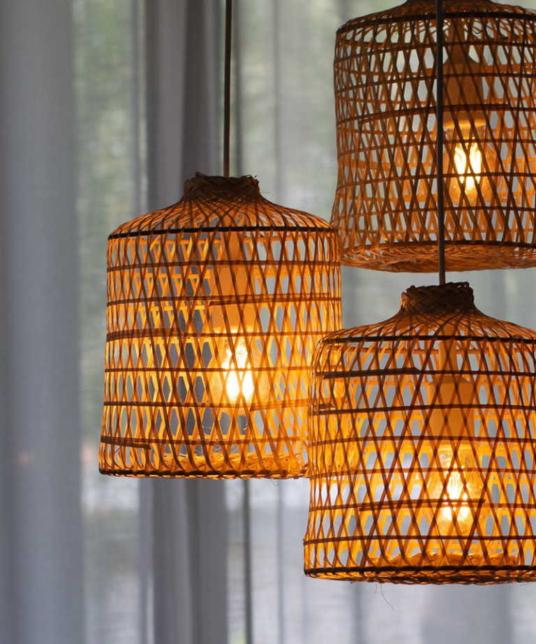 Woven Basket Bamboo Pendant Lights Triple Cluster Canopy