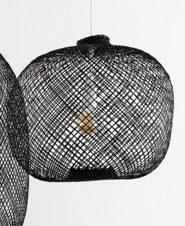 Pair Of Woven Black Bamboo Pendant Lights – Plug In Swag Version