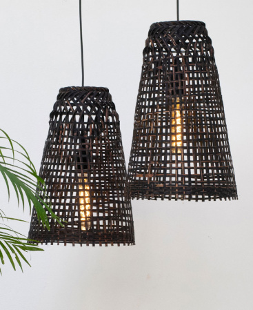 Woven Black Bamboo Pendant Light - Plug In / Swag