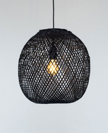 Woven Round Black Bamboo Basket Pendant – Plug In / Swag