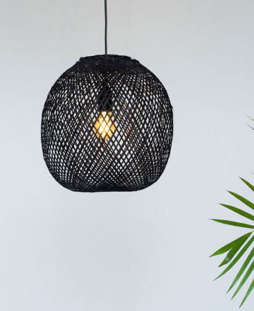 Woven Round Black Bamboo Basket Pendant – Plug In / Swag