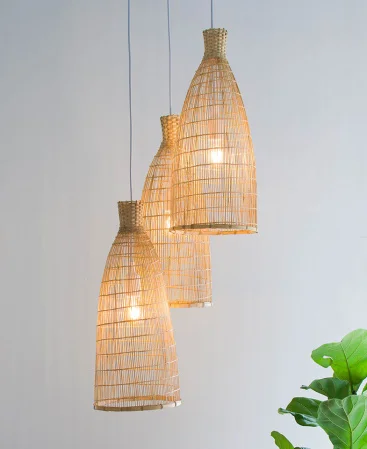 Woven Tall Bamboo Pendant Cluster Lights - Triple Cluster Canopy