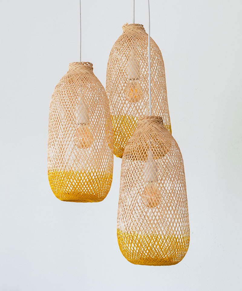Yellow Two Tone Bamboo Pendant Light Set