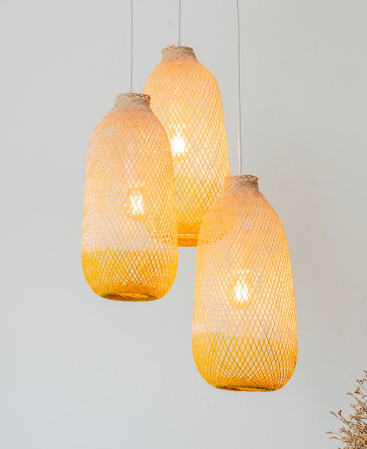 Yellow Two Tone Bamboo Pendant Light Set - Triple Cluster Canopy