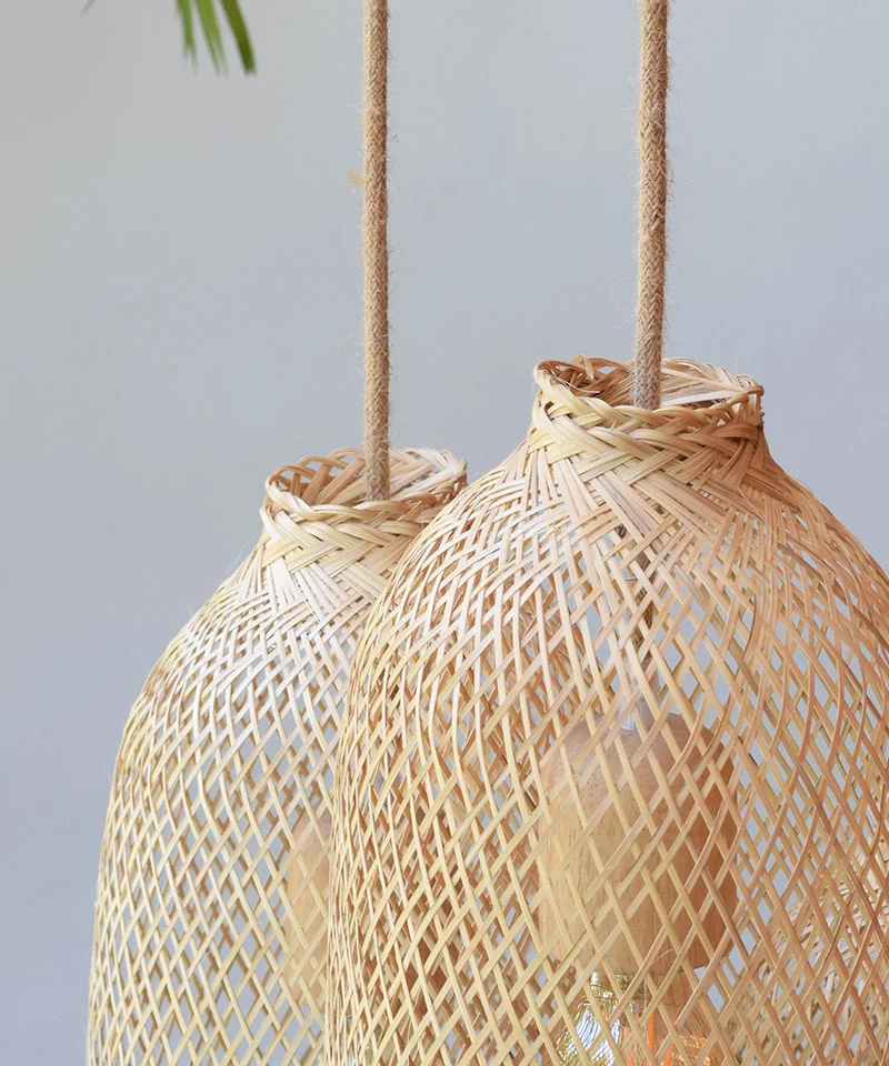 Yellow Two Tone Bamboo Pendant Light Set - Triple Cluster Canopy